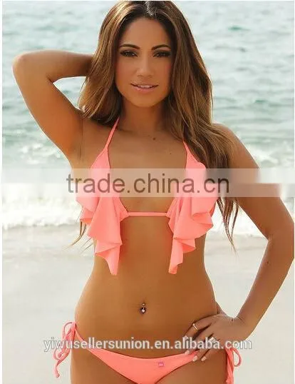 Solid Salmon Orange Drop Waterfall Triangle Top Modern Fit Single Rise Bikini