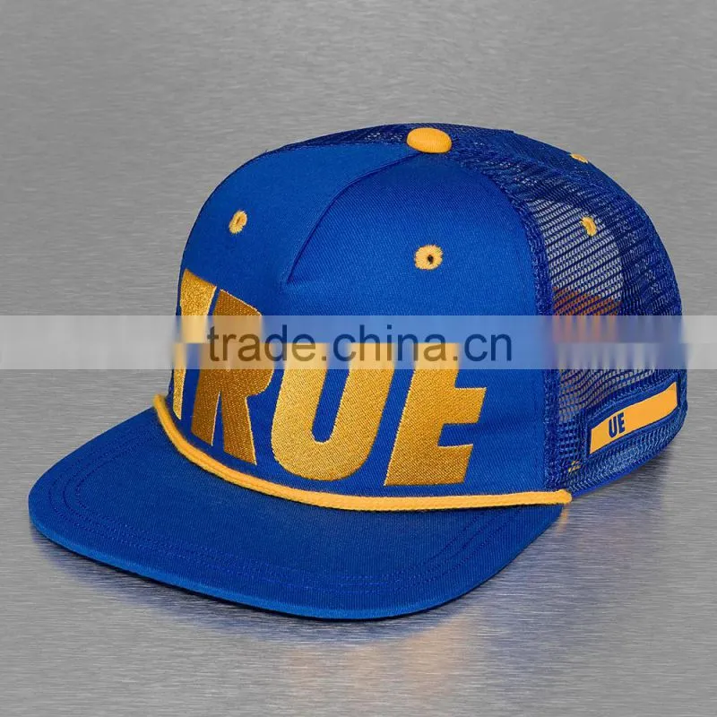 Blue embroidery logo custom flat brim 5 panel mesh trucker cap