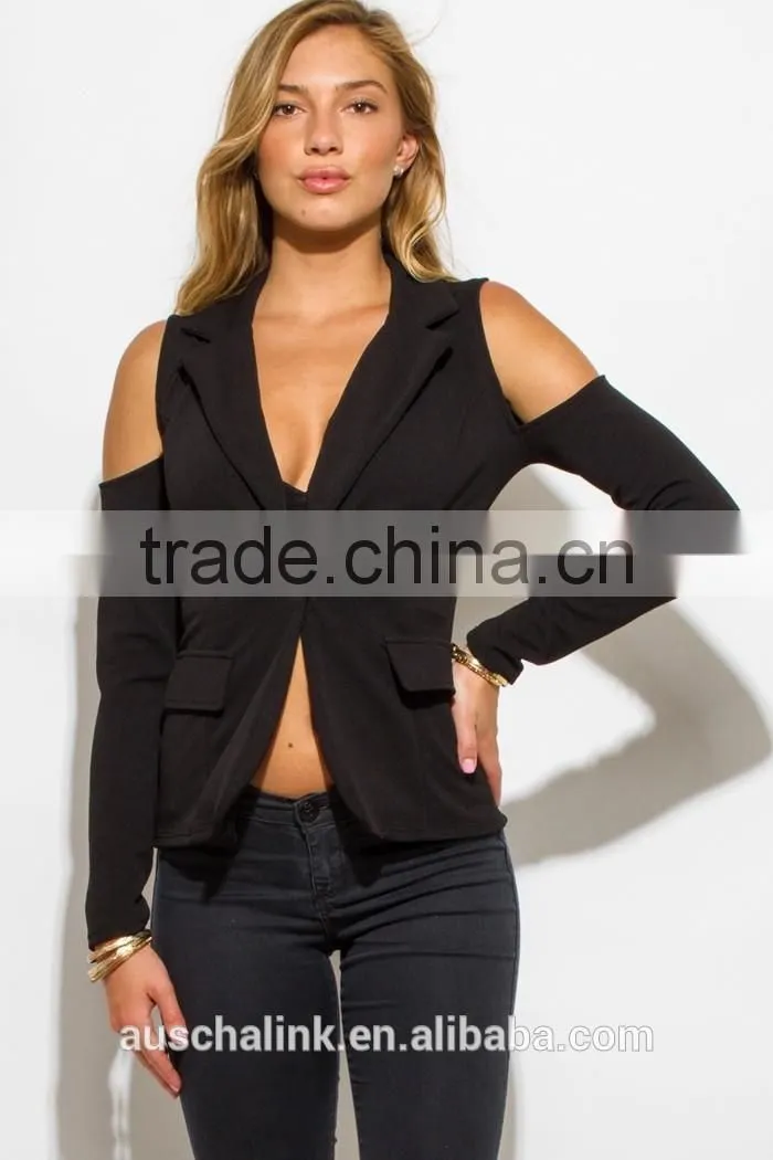 custom black long sleeve cold shoulder cut out sexy blazer