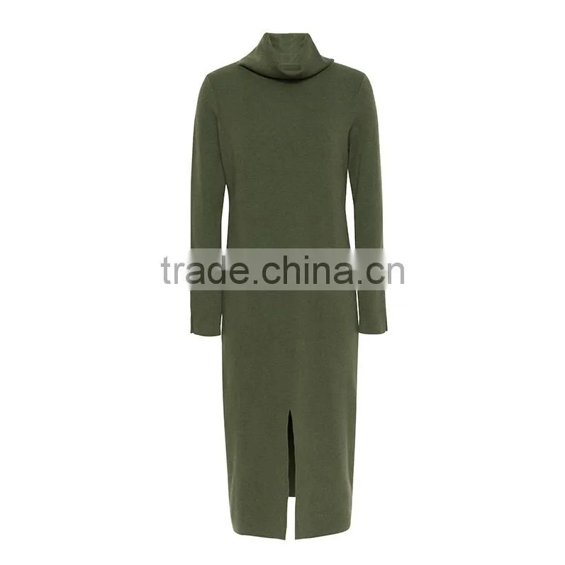 2017 fashion style women green color sweater dress turtleneck side vent sweater