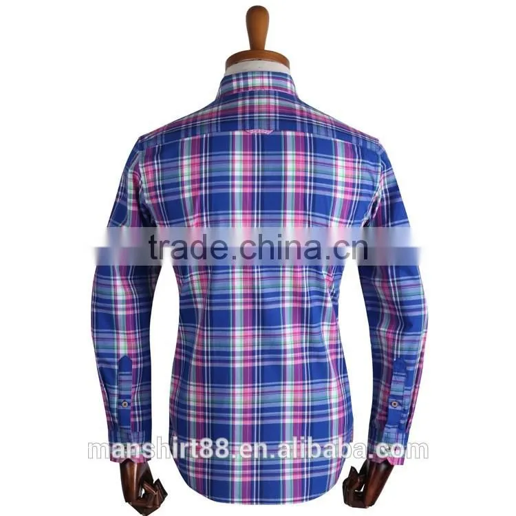 Dark blue/pink checked button downs causal men shirt