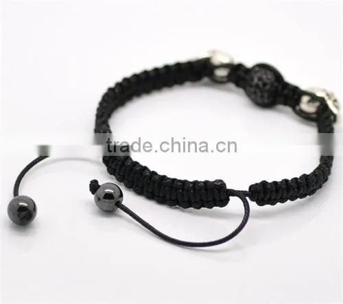 Pave Black Rhinestone Beads & Antique Silver Halloween Skull Beads & Black Braiding Adjustable Bracelets 18cm-25cm