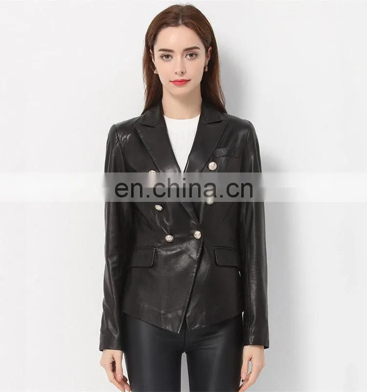 Lady Casual Spring Long Sleeve Beaded Leather Motorcycle Jacket