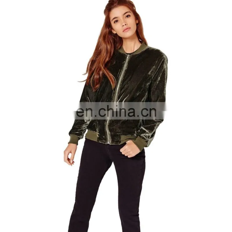 2017 hotsale women's latest fashion zipper collar silk velvet bomber jacket