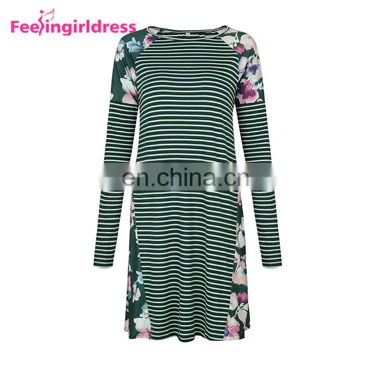 Autumn Latest Design Printing Floral Green Long Sleeve Casual Loose T-Shirt Dress