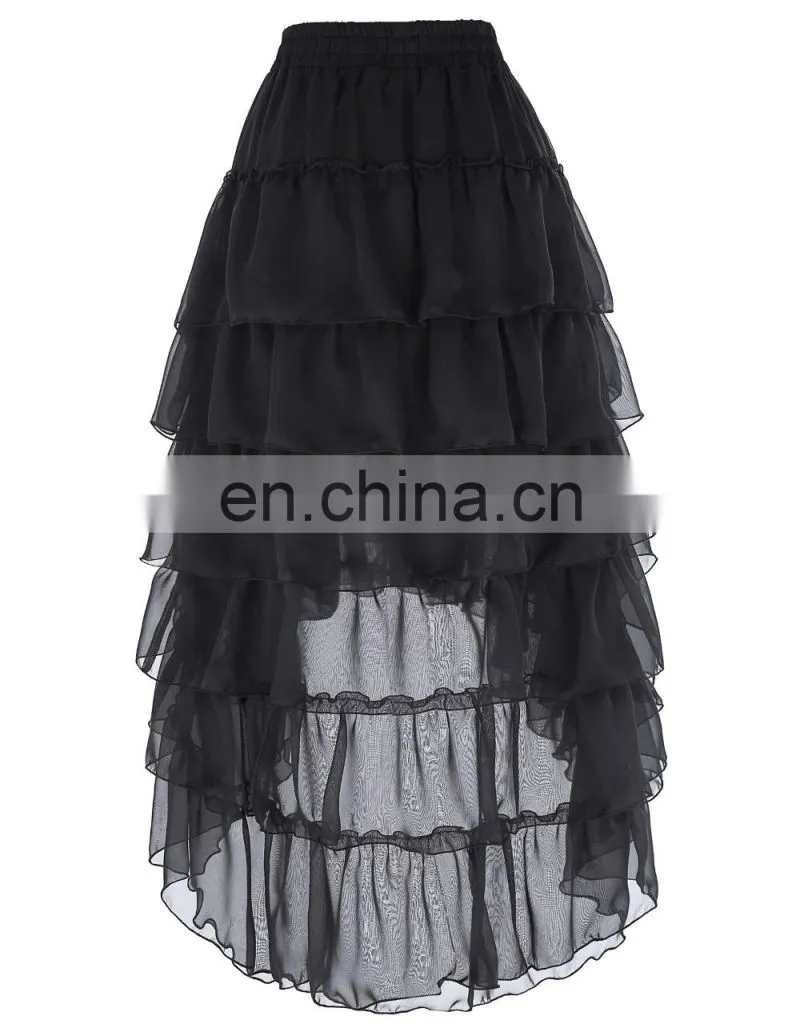 Belle Poque Women Ladies Amelia Steampunk Elastic Waist Ruffled Chiffon Black Color Cake Skirt BP000227-1