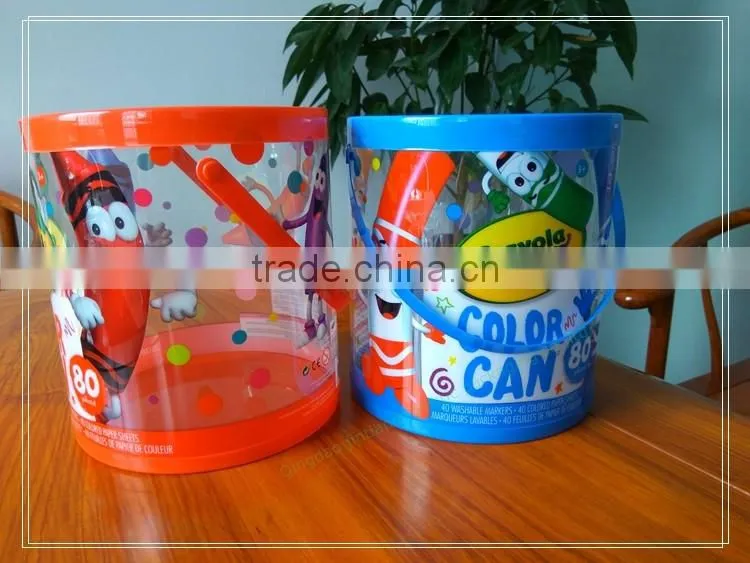 Custom printed and made clear PET water proof color pencil packaging plastic round bucket