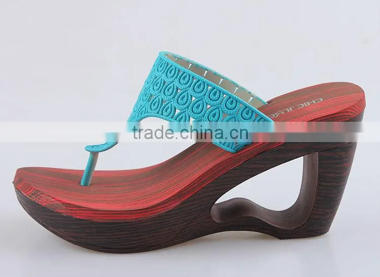 2015 Retro Style Wedges Slippers Waterproof Slippers Wooden Bottom Slippers
