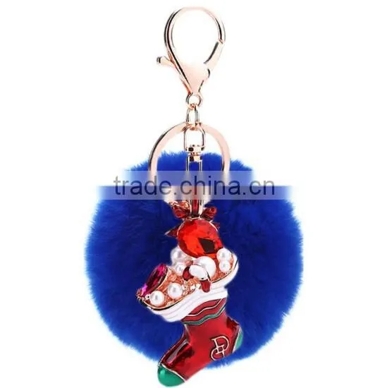 Christmas stocking pendant keychain with white Rabbit Fur ball