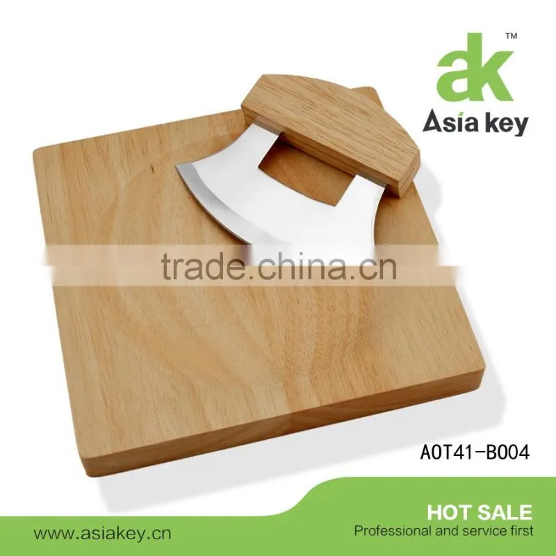 Pizza Cutter Rocker Knife with Stainless Steel Mezzaluna Blade & Wooden Handles;ULU Knife