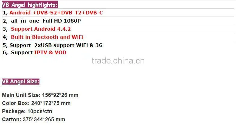 2015 NEW Arrival Andriod Combo DVB-S2+T2+Cable V8 Angel satellite receiver Built in Bluetooth and WiFi Support IPTV & VOD