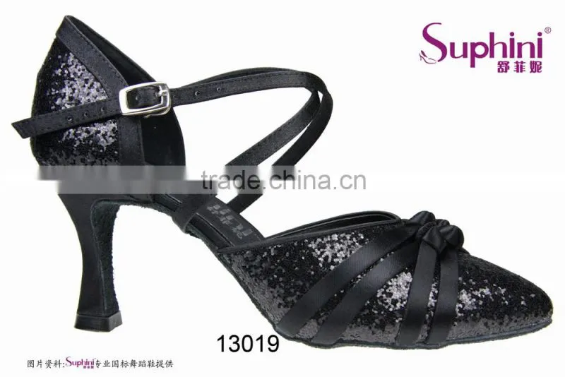Suphini Glitter Black High Heels Women Ballroom Shoes Dance