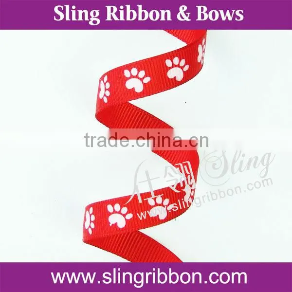Wholesale 13mm Dog Paw Gold Foil Printed Satin Ribbon