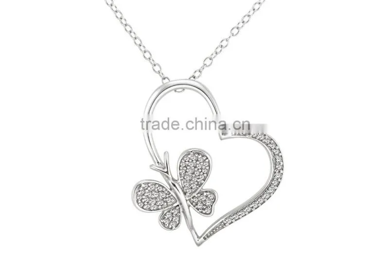 Attractive heart engraving sterling silver pendant with a butterfly
