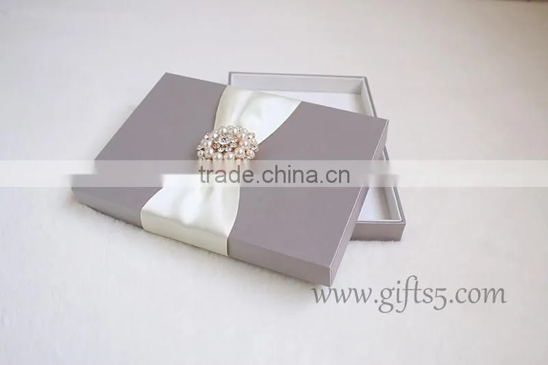 Elegant grey Wedding Invitation Card Box with brooch