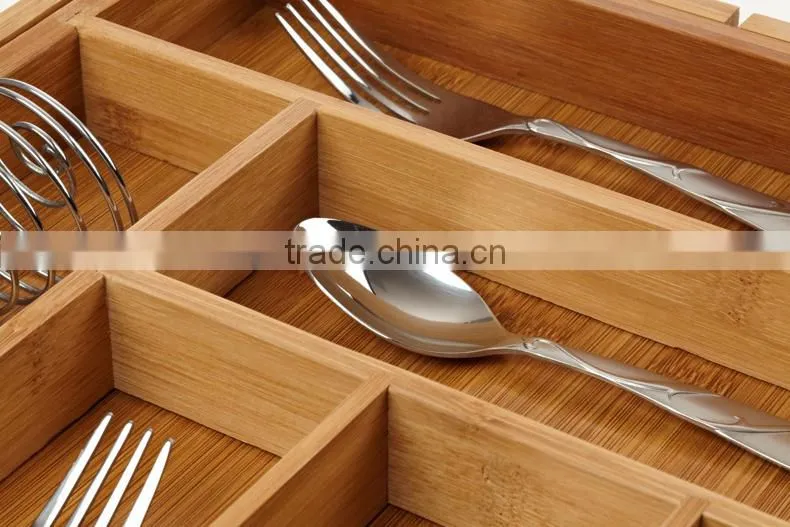 BH003/Expandable Bamboo Cutlery Drawer Organizer with Knife Block Compact Storage Tray