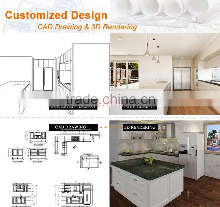 FREE 3D rendering prefab MDF kitchen cabinet with kitchen island