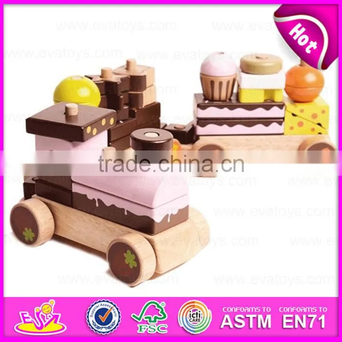 New Wooden Train EN71 ASTM Three Carriages Cake Train,Hot Sell Wooden blocks Chocolate Cake Train Set W05C026