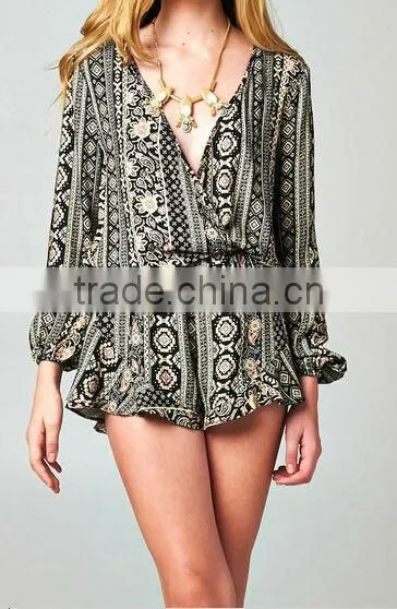 2014 Long loose sleeve print pattern casual wrap ruffle romper jumpsuit for American street women