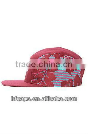 Red floral 5 panel custom printed flat brim cap