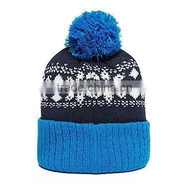 Blue knitted custom pom long cuff beanie
