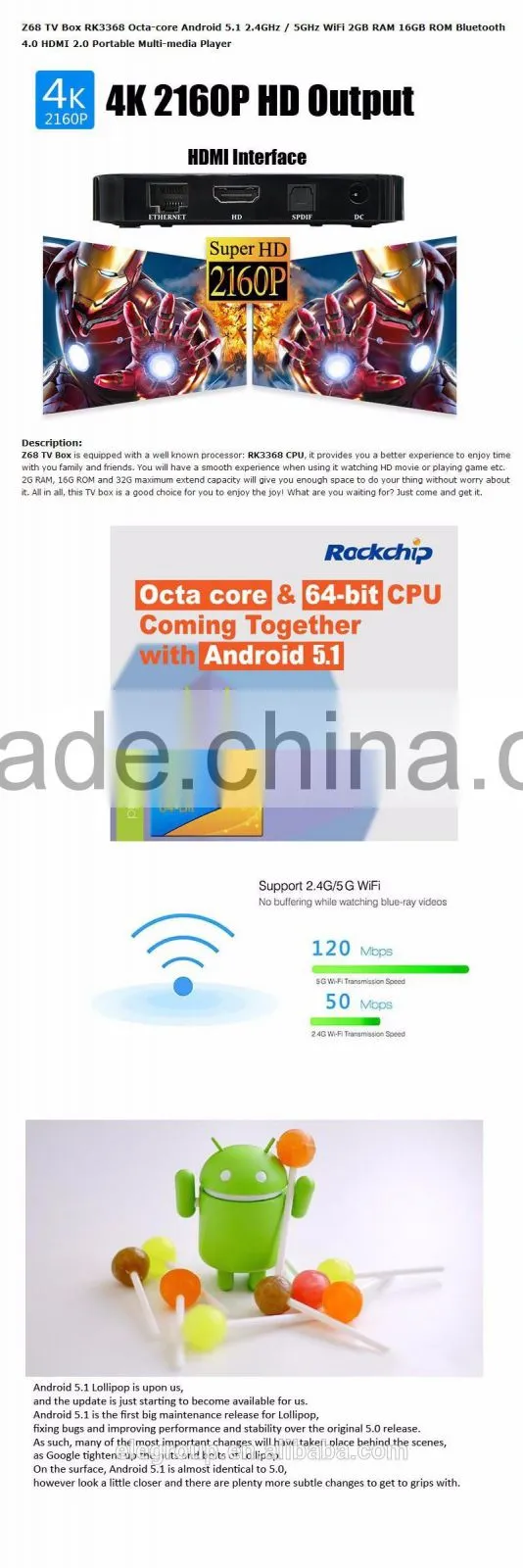 Z68 octa core rk3368 2G RAM,16G ROM 2.4G/5G WIFI android 5.1 tv box
