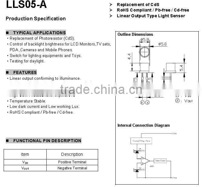 Light sensor LLS05-A replacement of Cds RoHS compliant Pb-free Cd-free