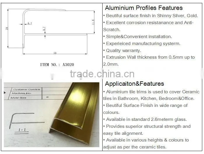 Aluminium Ceramic/Wall/floor tile trim strip,flexible marble edge Aluminium tile trim profiles