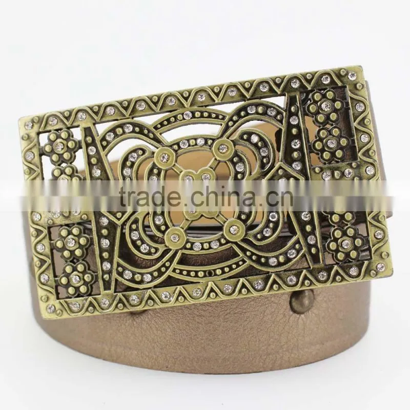 2015 Vintage Style women's fashion PU brand belt with rhinestone square shape buckle