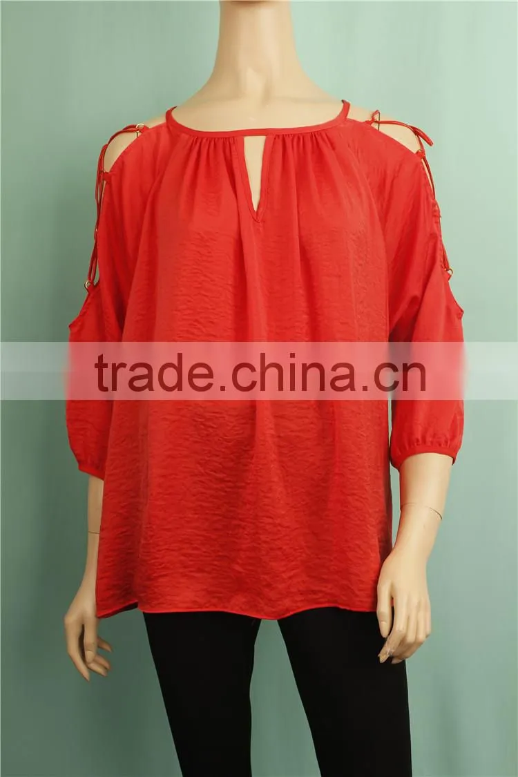 2016 S/S red color long sleeve silk fabric women western tunic design