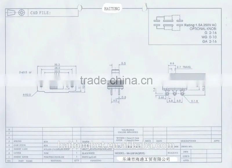 6 pin 250V slide switch with high quality China wholesale