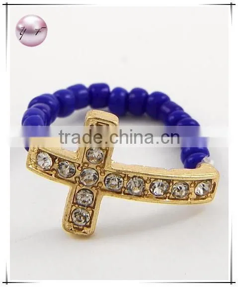 Rhodiumized Black Seed Beads Cross Stretch Ring