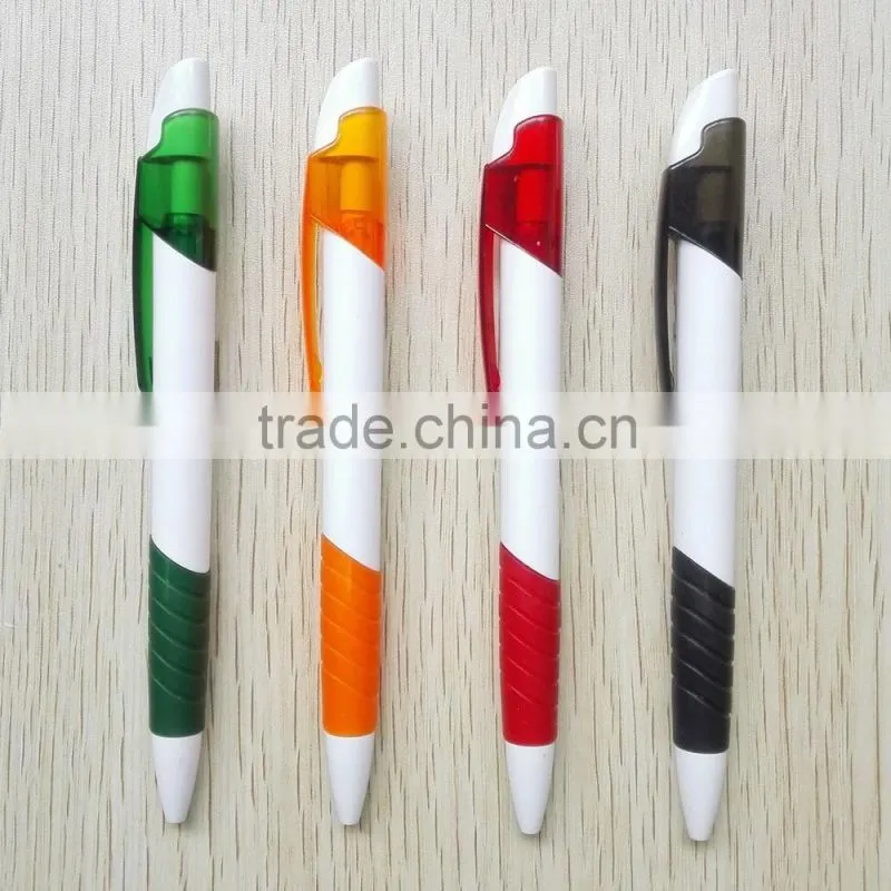 Plastic white barrel ballpen with colored grip