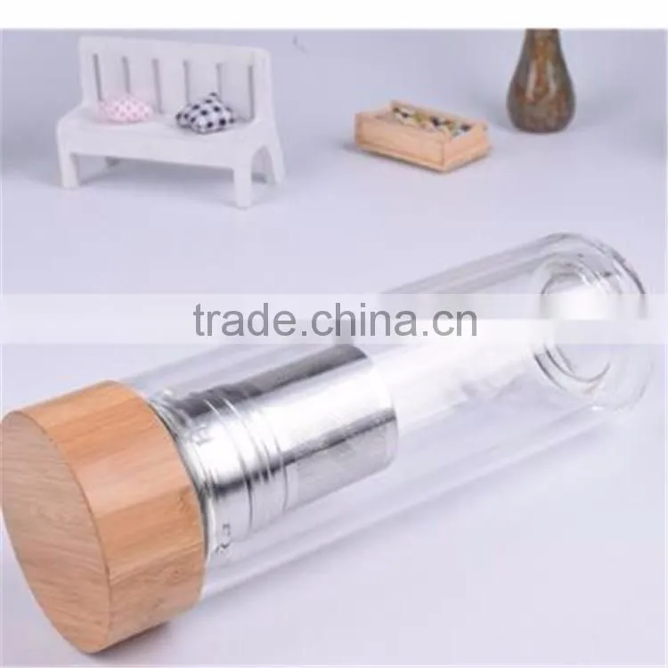 Drinking glass water bottle with stainless steel tea filter, borosilicate water bottle glass 400ml