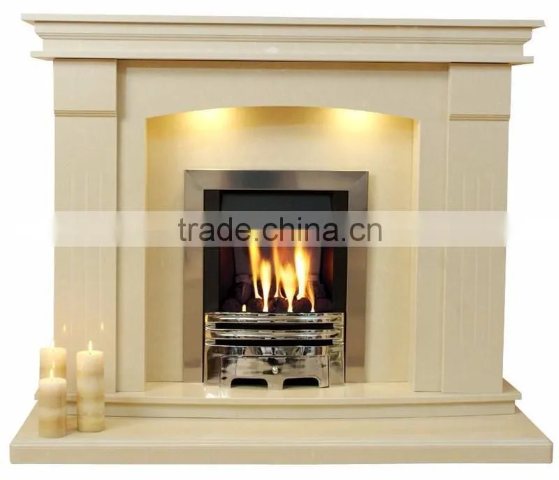 Modern clean lines beige marble fireplace surround