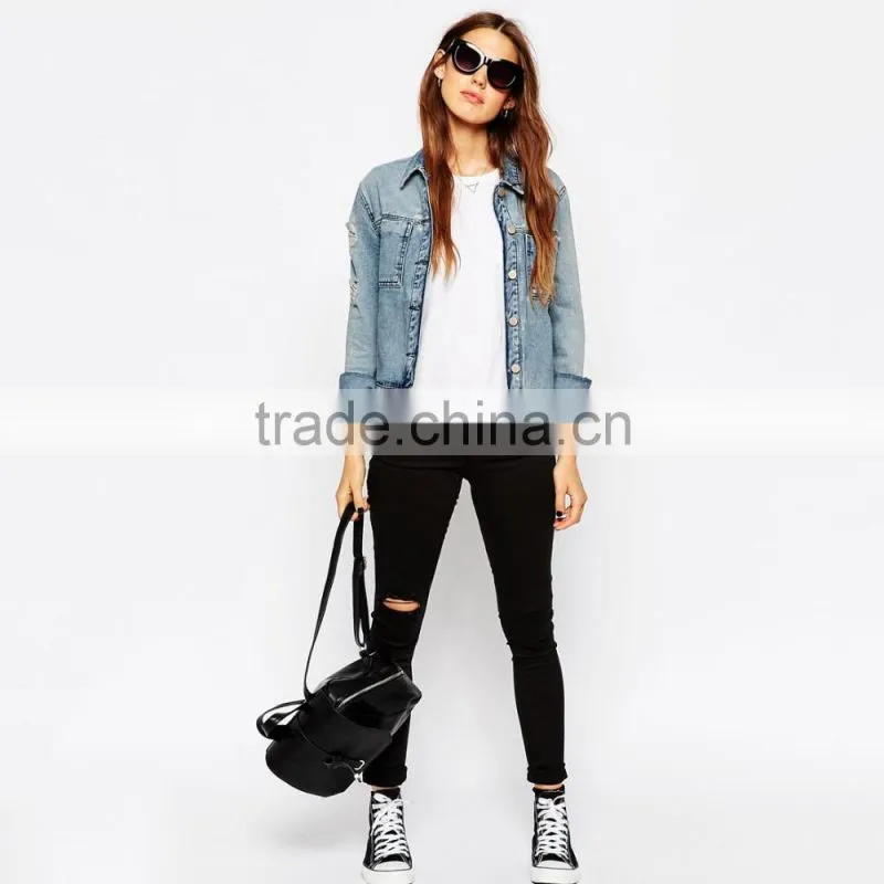 ripped light blue cool women parka jacket custom designs