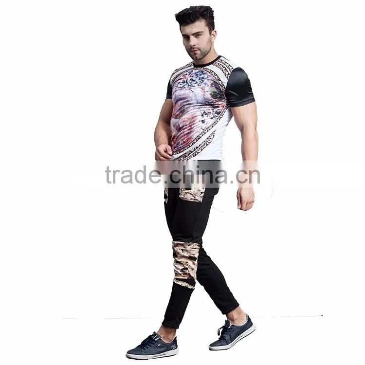 2016 new style custom print patch plain black 97%cotton casual fitness mens printed pants