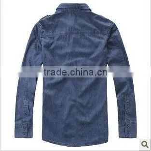 new men's long sleeve denim shirts with two pockets and scapular