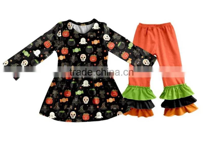 Wholesale Girls Boutique Outfits Halloween Clothes Baby Girl 2Pcs Set Children Flutter Pumpkin Appliqued Baby Clothes