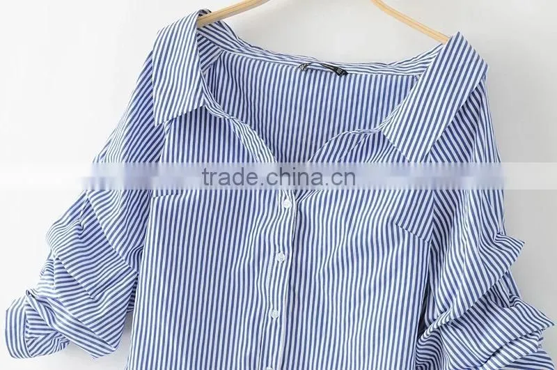 Wholesale Womens 100% Cotton Long sleeve Strip Oxford Blouse