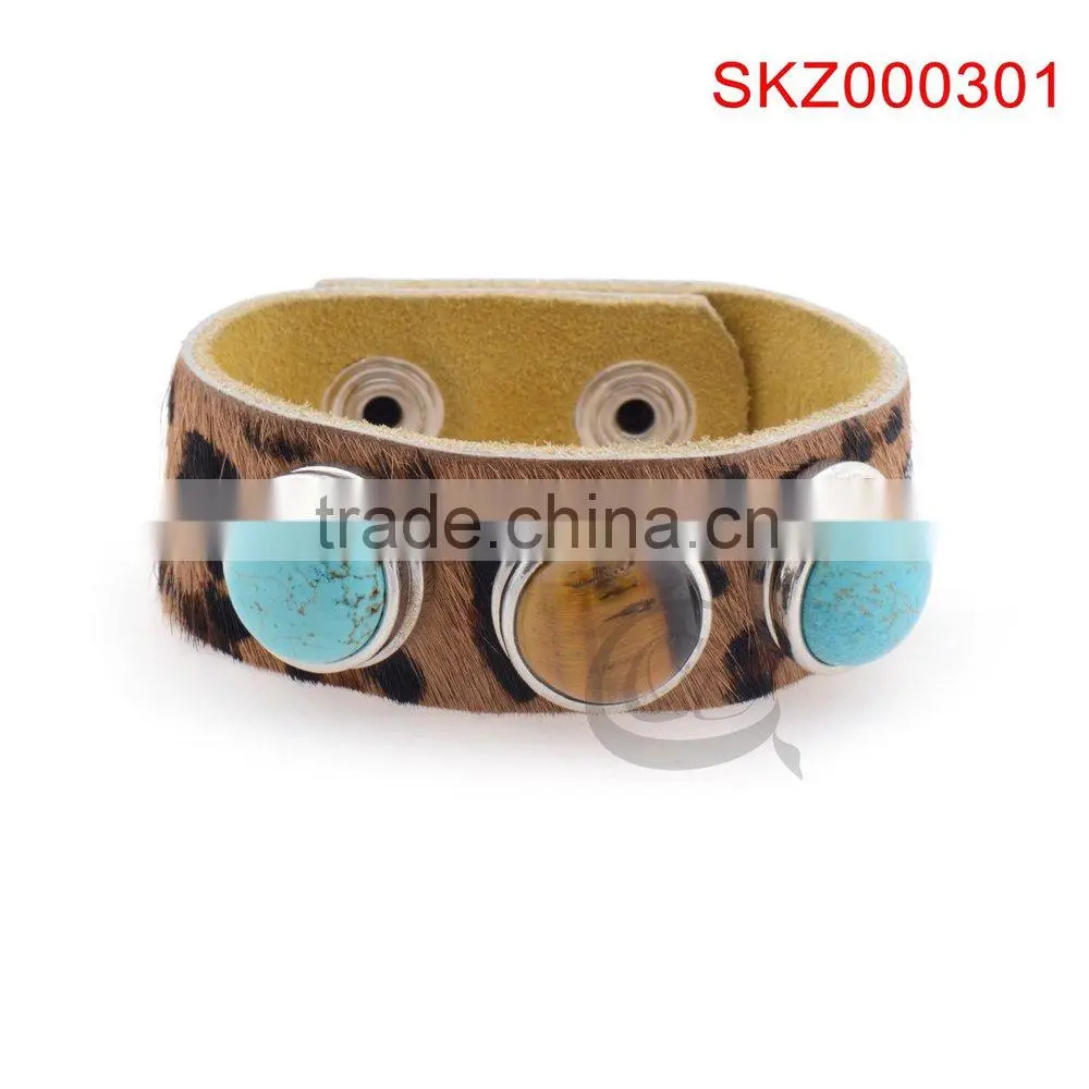 2015 new products leather snap botton natural stone bracelet