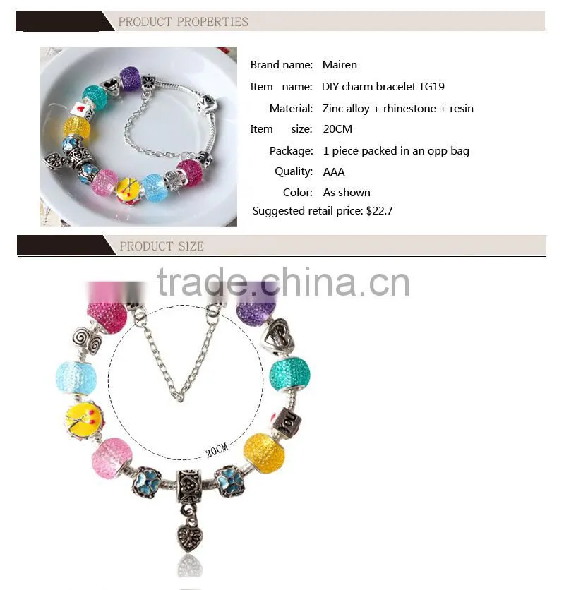 TG19 Bead bracelet wholesale bracelet china love charm 2015 popular silver handmade glass bead bracelet