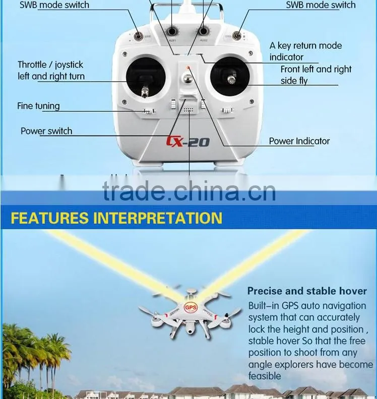 High quality professional rc quadcopter cheerson CX-20 4CH with GPS hold system auto-return home