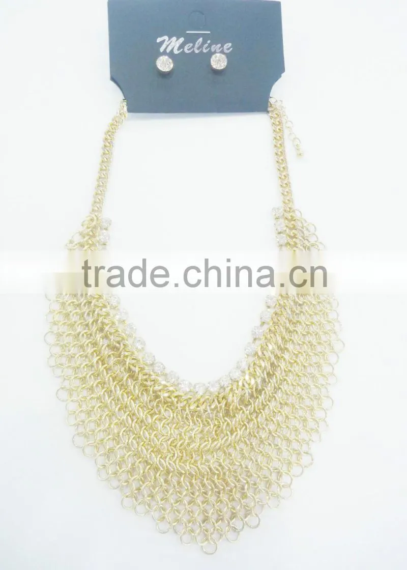 FACHION CHUNKY JUMP RING CHAIN RHINESTONE NECKLACE EARRING SET
