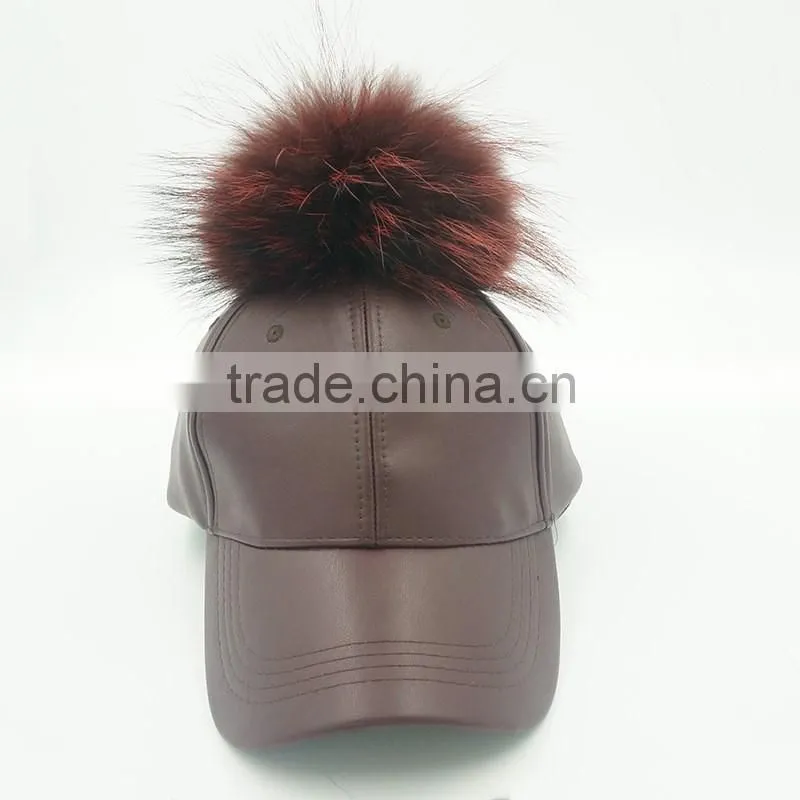 Big genuine raccoon fur ball PU leather baseball caps New 5 panel outdoor waterpoof sport hats