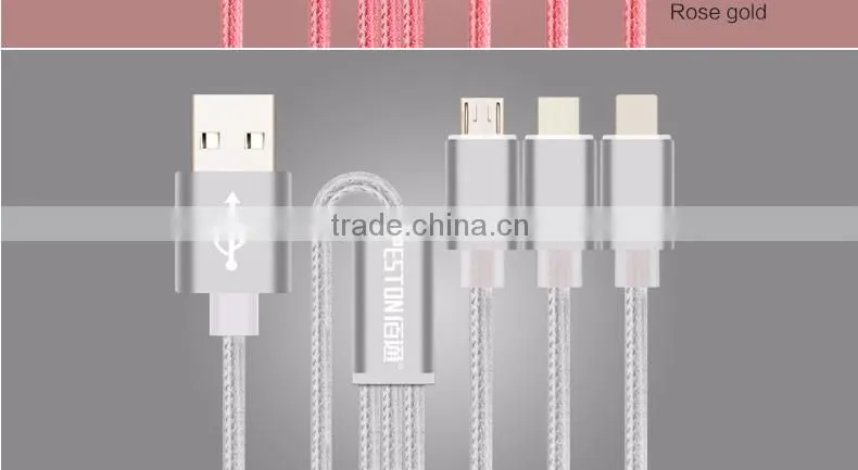 1.2m Nylon Woven Three Metal Plugs 3 in 1 Micro USB Cable Colorful Phone Cable for iPhone 6 6s Plus 5s Android Type C