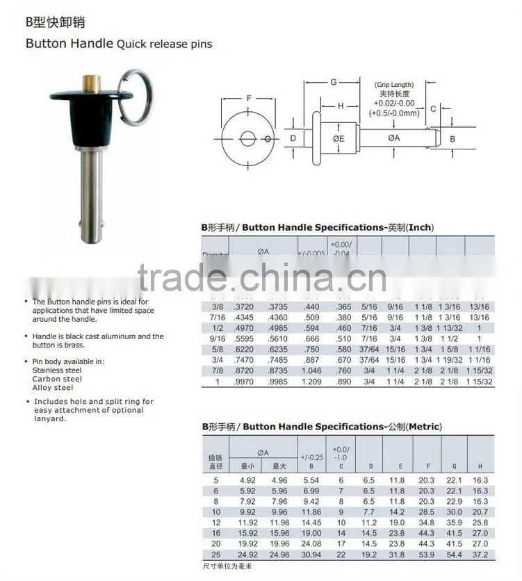 Precision Standard Quick Release Ball Lock Pin for Fasteners