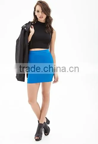 2015 new fashion ladys knitted fabric back zipper blue mini skirt