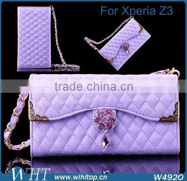 Hot New Products 2015 Trifold Design for Sony Xperia Z3 Wallet Case with Elegant Chain