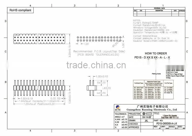 Double Row Male Pin Header H=1.0 Pitch 1.0mm 180 Degree